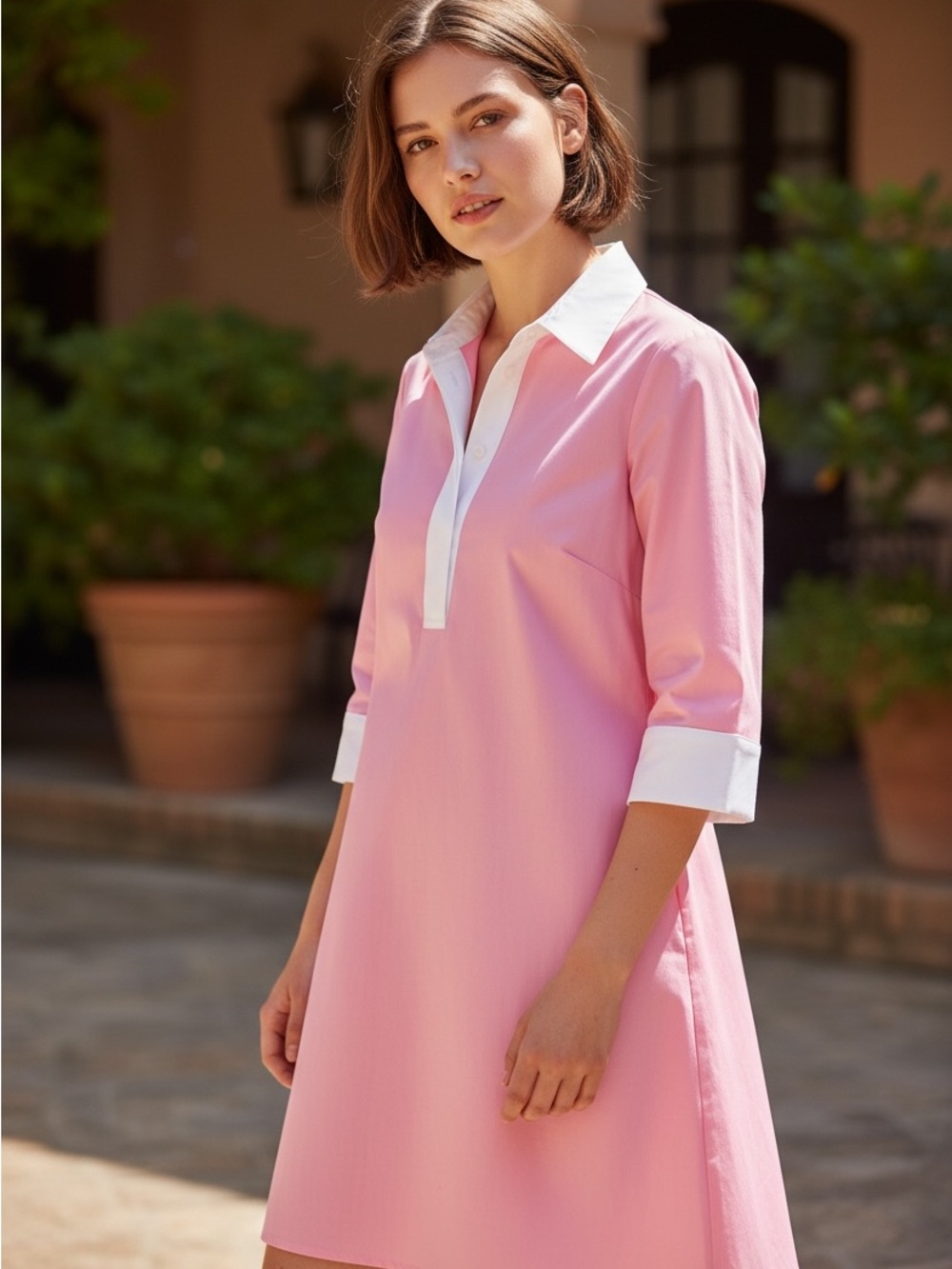 Pink Collared Midi Dress with White Trim Size S-M